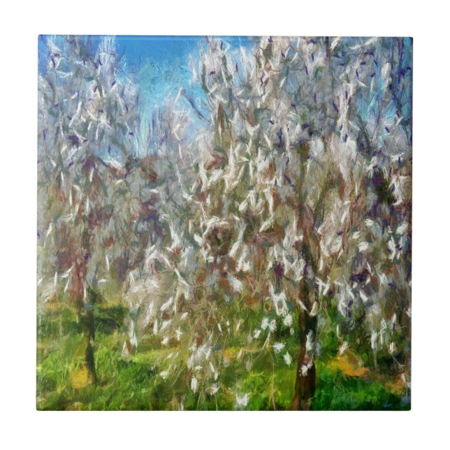 Almond Blossom Pointillism Dot Art Painting Tile (Front)