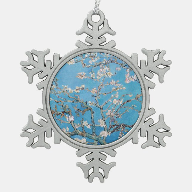Almond Blossoms Blue Vincent van Gogh Art Painting Snowflake Pewter Christmas Ornament (Front)
