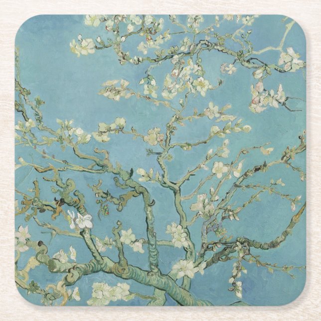 Almond Blossoms by Vincent Van Gogh Fine Art Square Paper Coaster (Front)