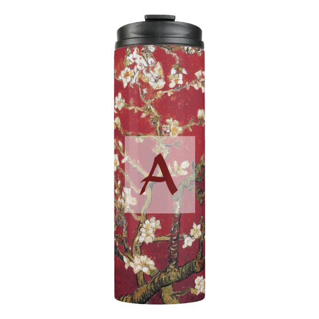 Almond Blossoms Red Vincent van Gogh Art Monogram Thermal Tumbler (Front)