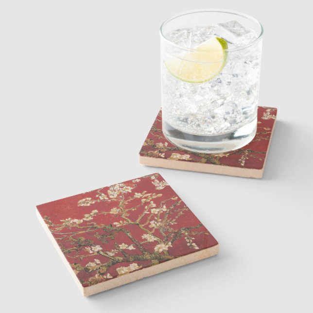 Almond Blossoms Red Vincent van Gogh Art Painting Stone Coaster (Side)
