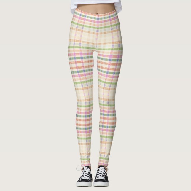 Almond Cream Leggings with Pink Plaid (Front)