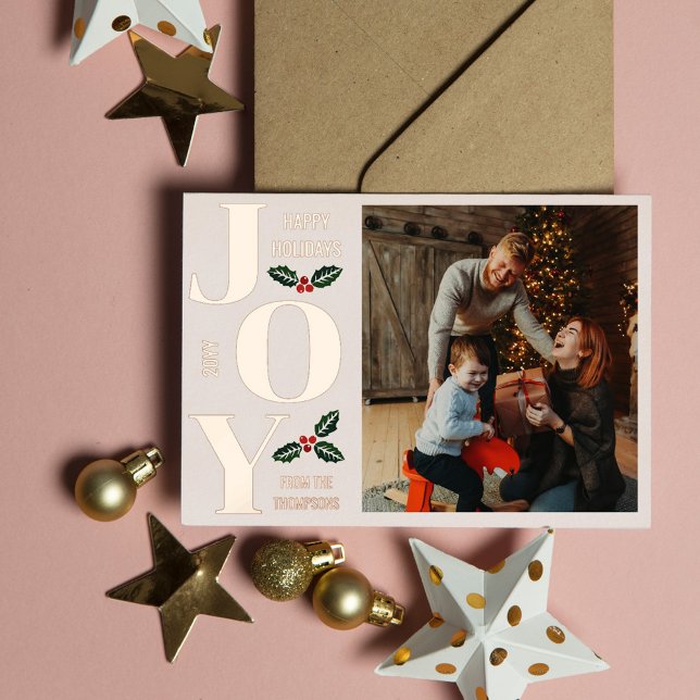 Almond Holly Elegant Joy Rose Gold Photo Foil Holiday Card (Creator Uploaded)