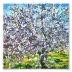 Almond Tree Blossom Dotted Art Style Painting Photo Print