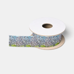 Almond Tree Blossom Dotted Art Style Painting Satin Ribbon