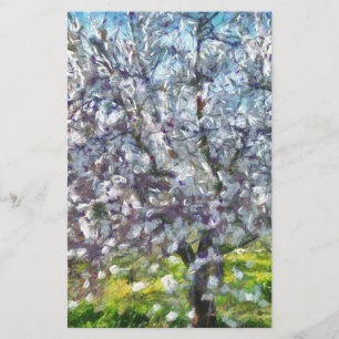 Almond Tree Blossom Dotted Art Style Painting Stationery