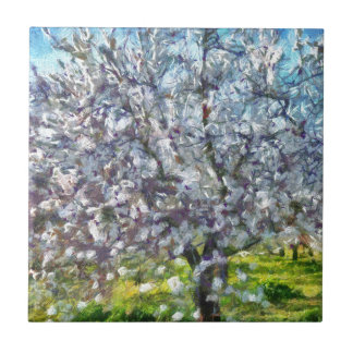 Almond Tree Blossom Dotted Art Style Painting Tile