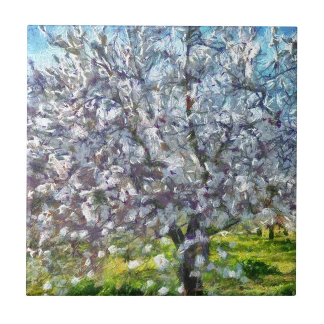 Almond Tree Blossom Dotted Art Style Painting Tile (Front)