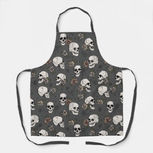 Almost Black Gothic Skulls and Roses Floral Apron