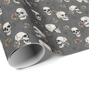 Almost Black Pink Gothic Skulls and Roses Floral Wrapping Paper
