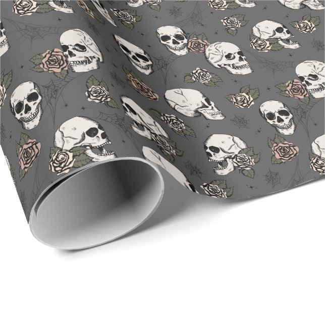 Almost Black Pink Gothic Skulls and Roses Floral Wrapping Paper (Roll Corner)