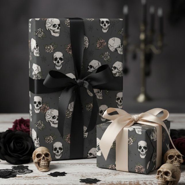 Almost Black Pink Gothic Skulls and Roses Floral Wrapping Paper (Gothic Black Floral Skulls Wrapping Paper. Vintage Dark Skull & Roses Halloween Pattern for Her)