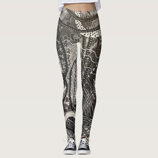 Almost Everywhere 1 Black & White Acrylic Painting Leggings (Front)