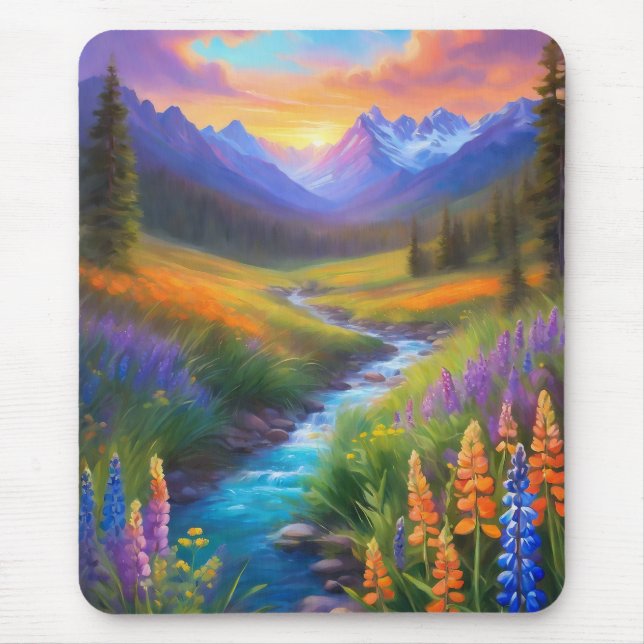 Almost Heaven Mountain Stream Wildflowers Painting Mouse Mat (Front)