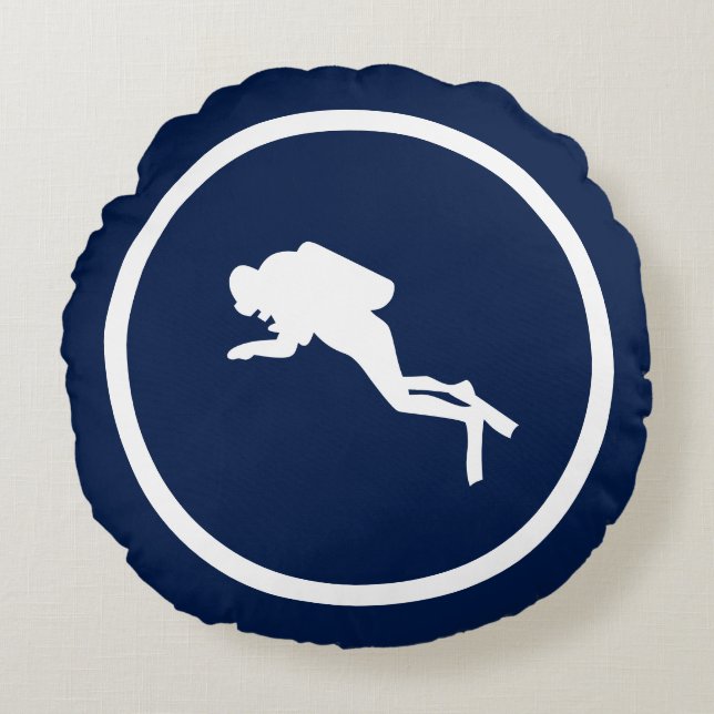 Almost Navy blue DOLPHIN AND SCUBA DIVER nautical Round Cushion (Front)