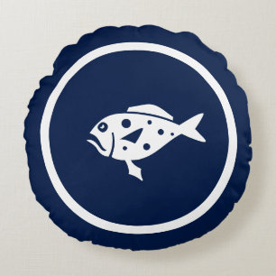 Almost Navy blue FISH nautical Round Cushion