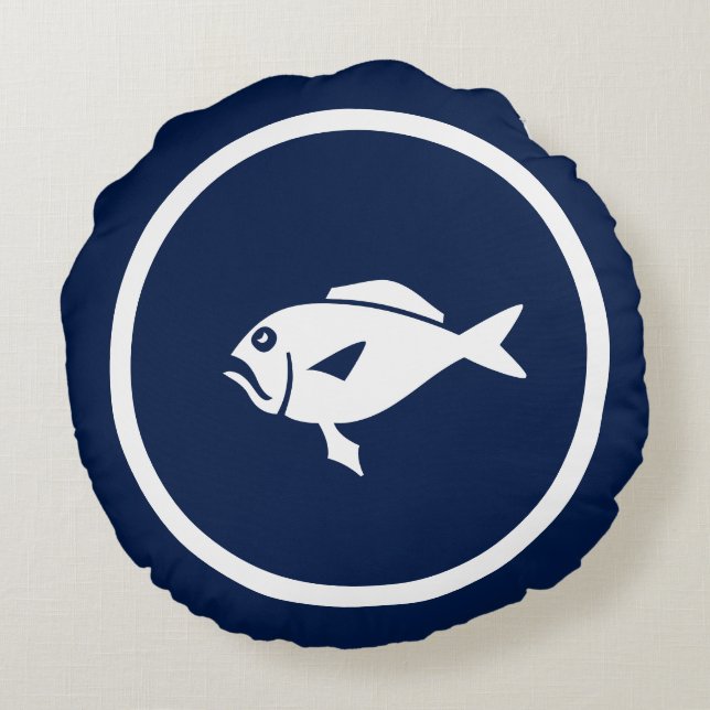 Almost Navy blue FISH nautical Round Cushion (Back)