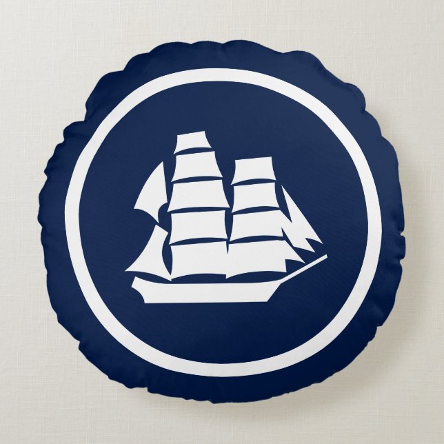 Almost Navy blue Sailboat Seahorses nautical Round Cushion (Front)