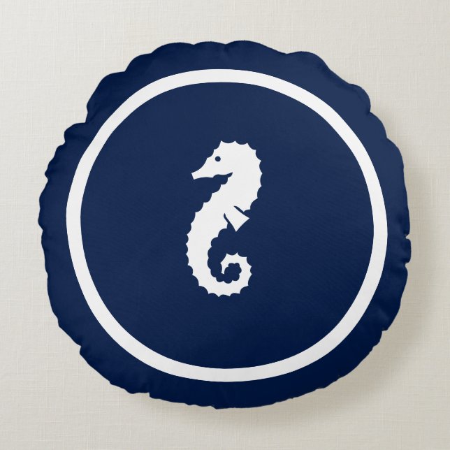 Almost Navy blue Seahorses nautical design Round Cushion (Front)