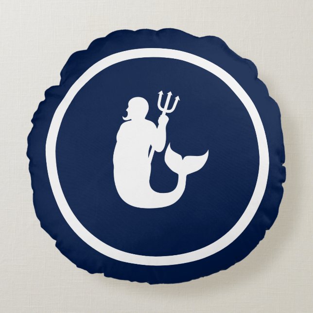 Almost Navy blue + white mermaid merman Round Cushion (Front)