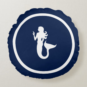 Almost Navy blue + white mermaid nautical Round Cushion