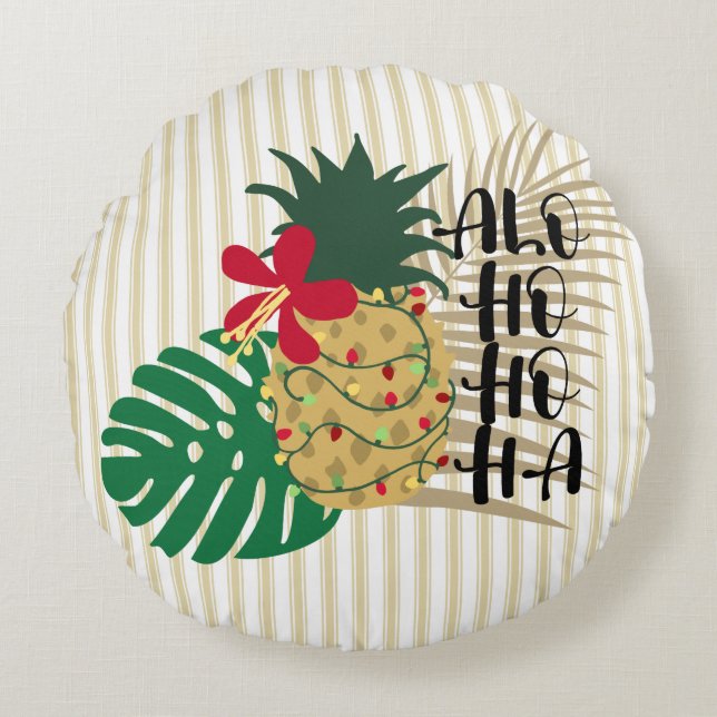 ALO-HO-HO-HA Hawaiian Tropical Pineapple Round Cushion (Front)