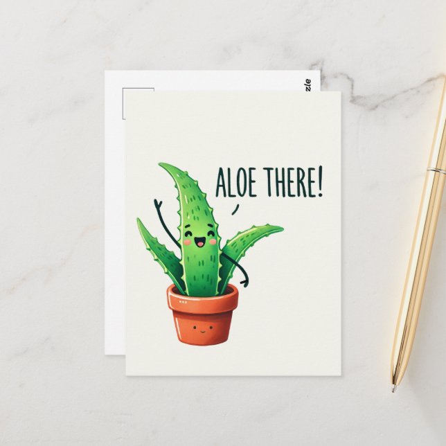 Aloe There! Cute Aloe Vera Plant Postcard (Front/Back In Situ)