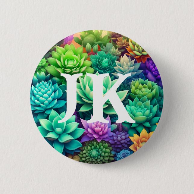 Aloe Vera and Succulents Collage Monogrammed 6 Cm Round Badge (Front)