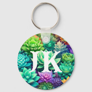 Aloe Vera and Succulents Collage Monogrammed Key Ring