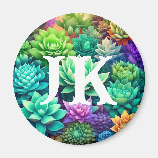 Aloe Vera and Succulents Collage Monogrammed Magnet (Front)
