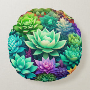 Aloe Vera and Succulents Collage Round Cushion