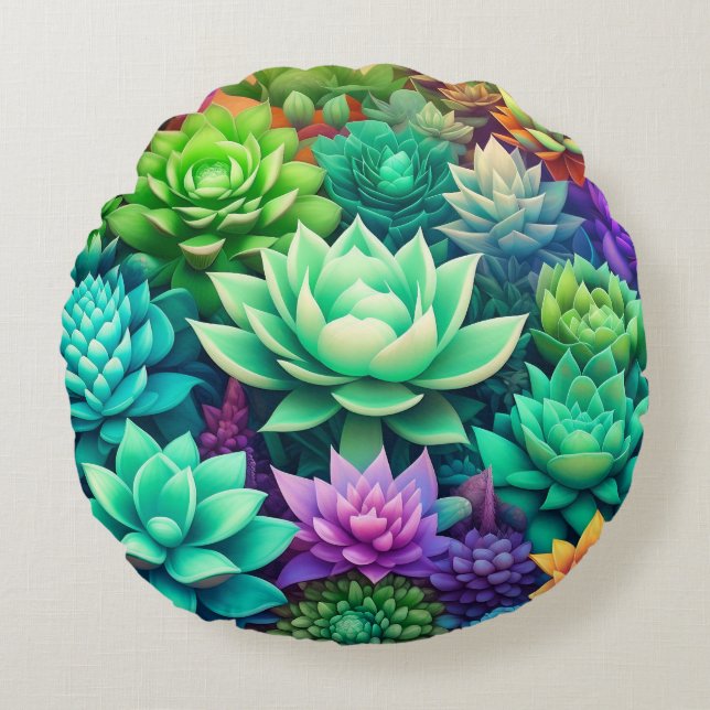 Aloe Vera and Succulents Collage Round Cushion (Front)