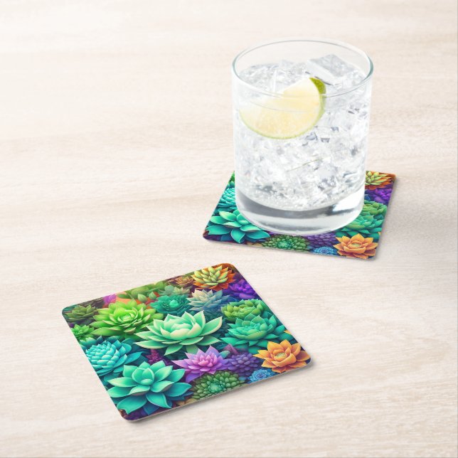 Aloe Vera and Succulents Collage Square Paper Coaster (Insitu)
