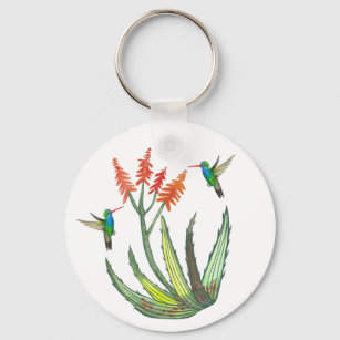 Aloe Vera Succulent Flower Hummingbirds Watercolor Key Ring