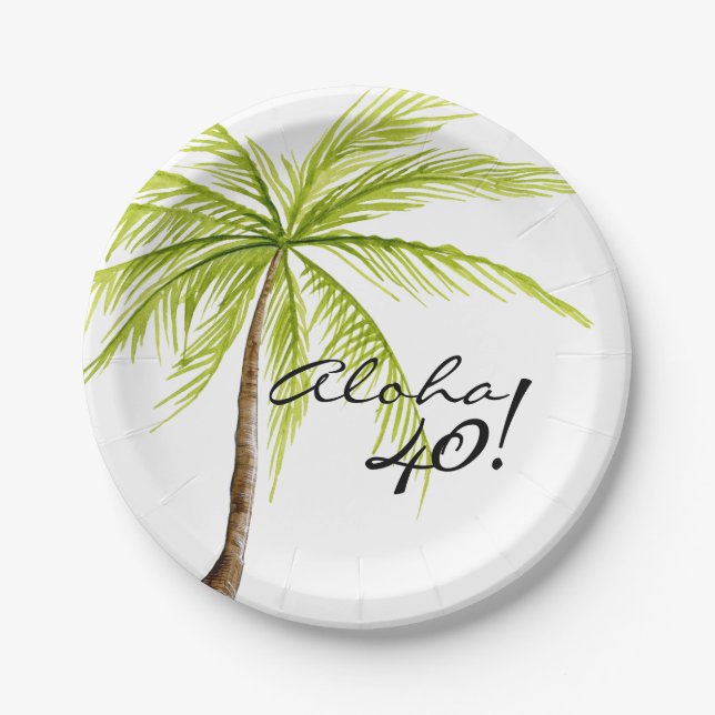 Aloha 40th Birthday Adult Palm Tree Beach Party Paper Plate (Front)
