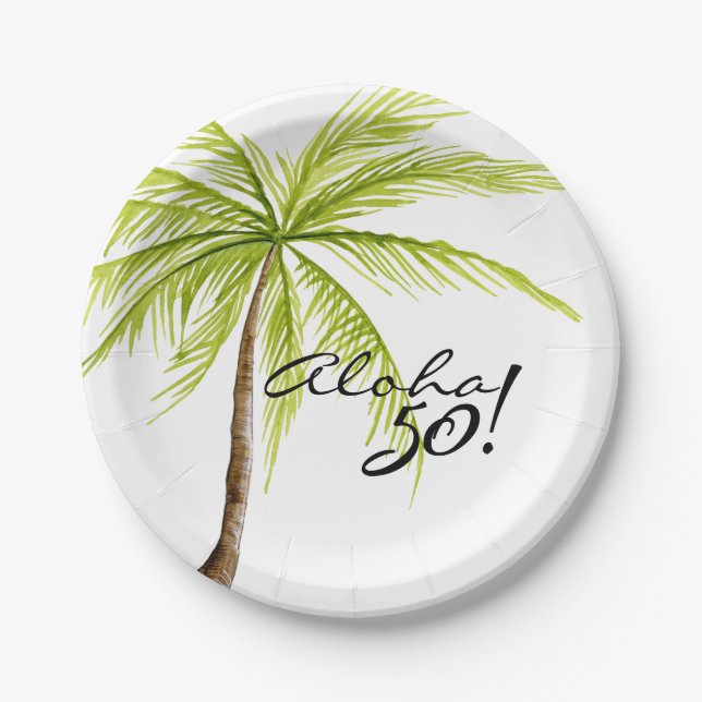 Aloha 50th Birthday Adult Palm Tree Beach Party Paper Plate (Front)