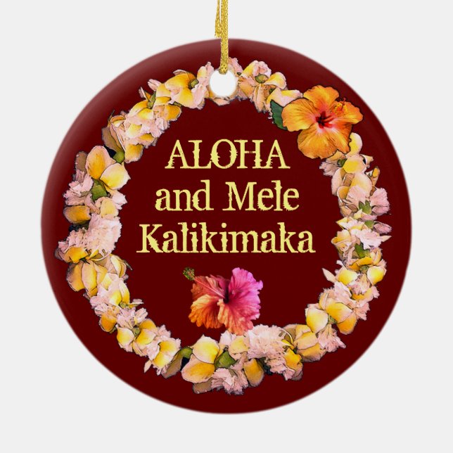 Aloha and Mele Kalikimaka with a Lei Ceramic Tree Decoration (Back)