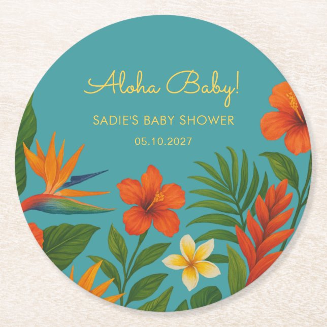 Aloha Baby! Chic Tropical Baby Shower Round Paper Coaster (Front)