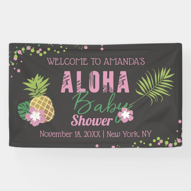 Aloha Baby Pink Green Tropical Baby Shower Welcome Banner (Horizontal)