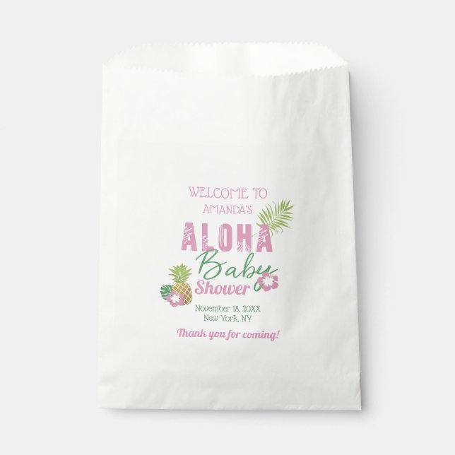 Aloha Baby Pink & Green Tropical Girl Baby Shower Favour Bags (Front)