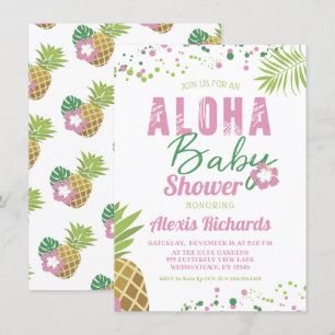 Aloha Baby Pink & Green Tropical Girl Baby Shower Invitation