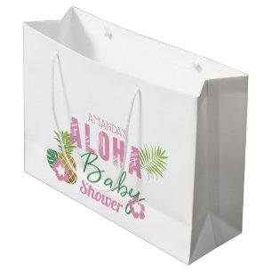Aloha Baby Pink & Green Tropical Girl Baby Shower Large Gift Bag