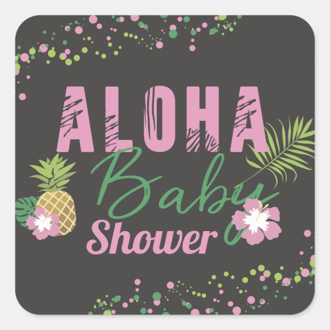 Aloha Baby Pink & Green Tropical Girl Baby Shower Square Sticker (Front)