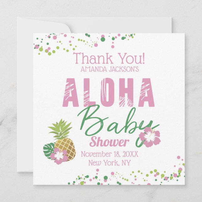Aloha Baby Pink Green Tropical Pineapple Thank You Card (Front)
