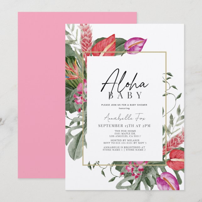 Aloha Baby Pink & Red Tropical Floral Baby Shower Invitation (Front/Back)