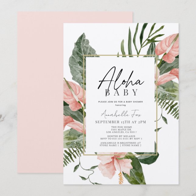 Aloha Baby Pink Tropical Floral Baby Shower Invitation (Front/Back)