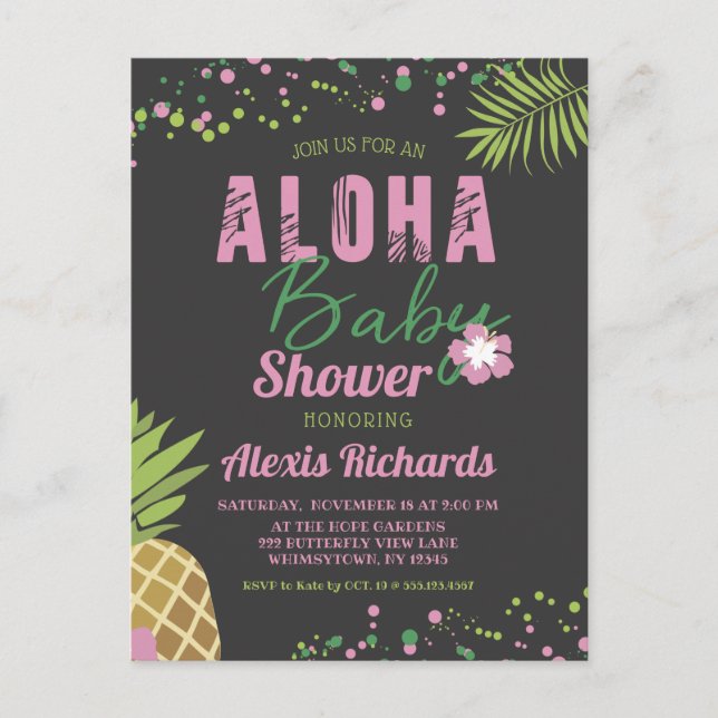 Aloha Baby Pink Tropical Girl Baby Shower Dark Invitation Postcard (Front)