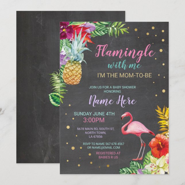 Aloha Baby Shower Flamingo Chalk Luau Gold Invite (Front/Back)