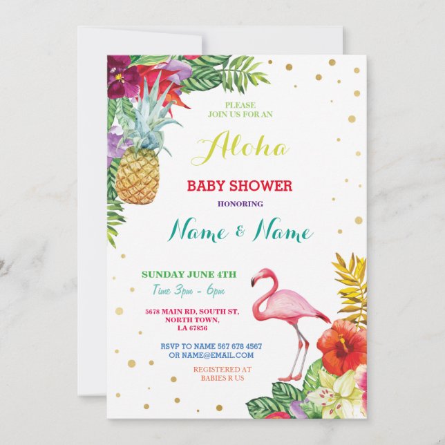Aloha Baby Shower Flamingo Girl Boy Bright Invite (Front)