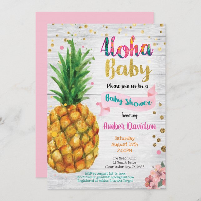 Aloha baby shower invitation - Summer tropical (Front/Back)